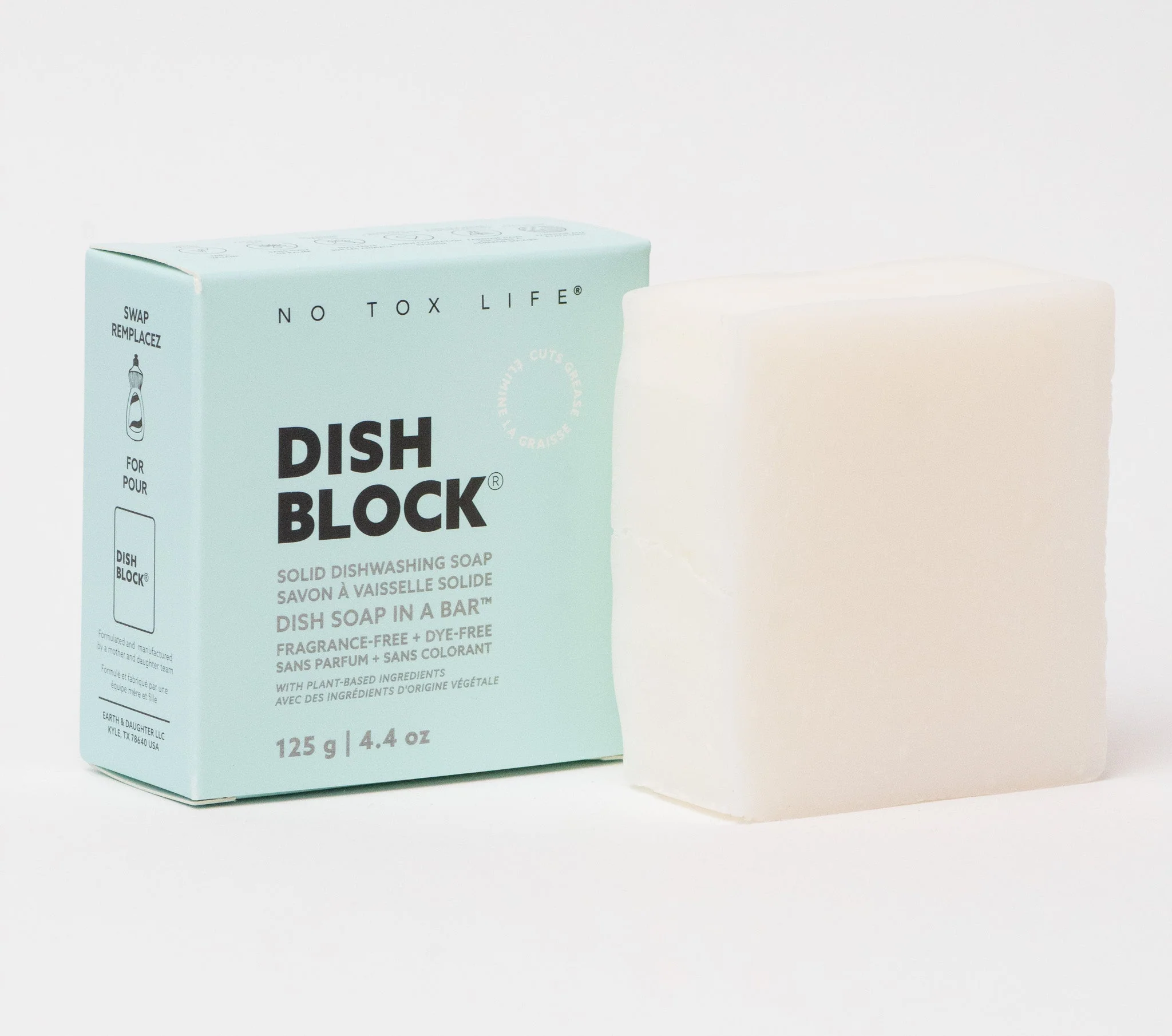 DISH BLOCK® solid dish soap - 4.4 oz (125g) bar - Fragrance Free - No Tox Life® - Image 3