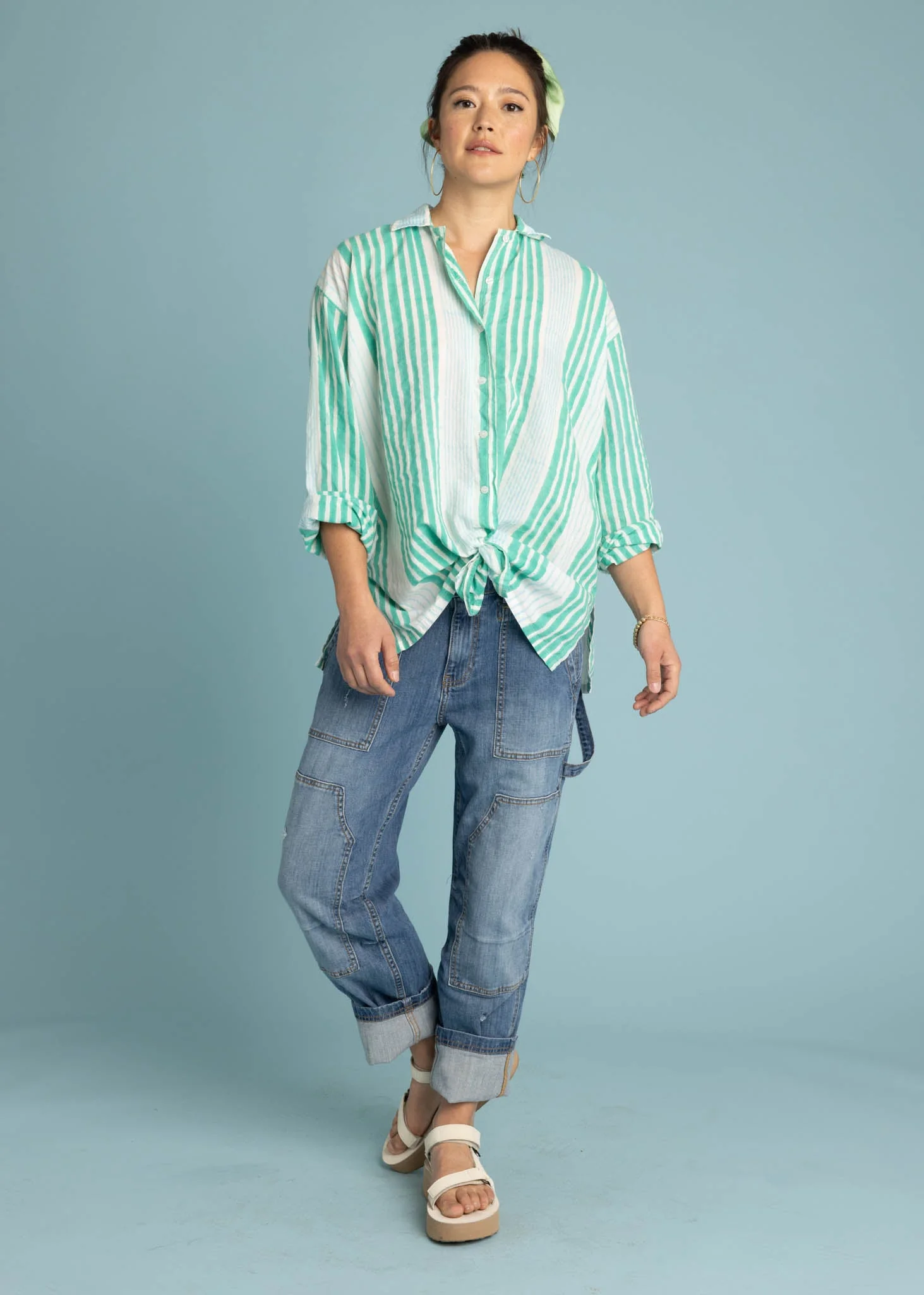 Relaxed Boyfriend Shirt - Mixed Up Stripe Cerulean Seaglass